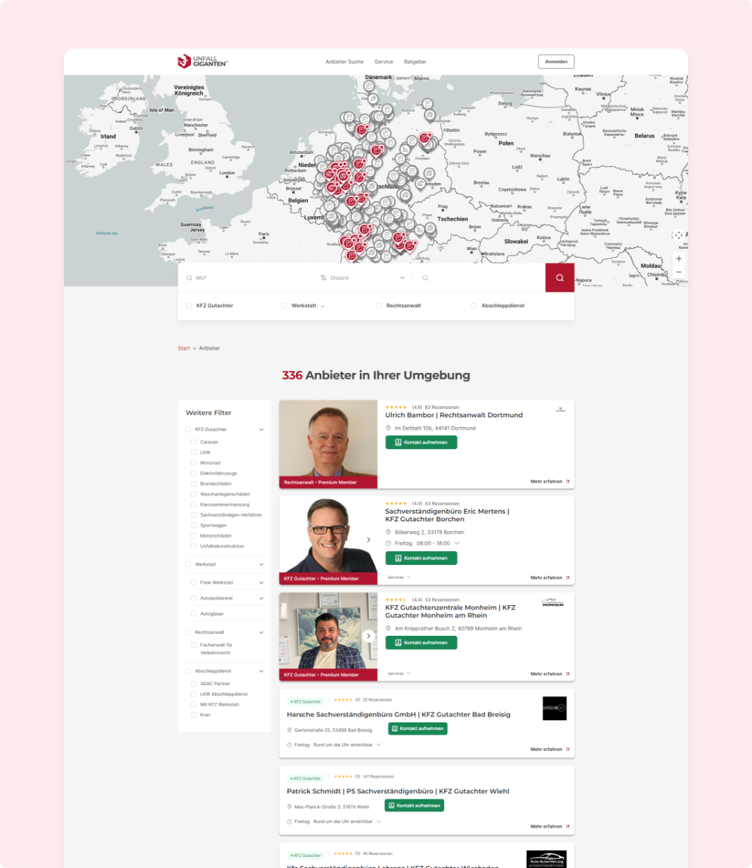 A website displays a map of Western Europe with location markers and a search bar.
