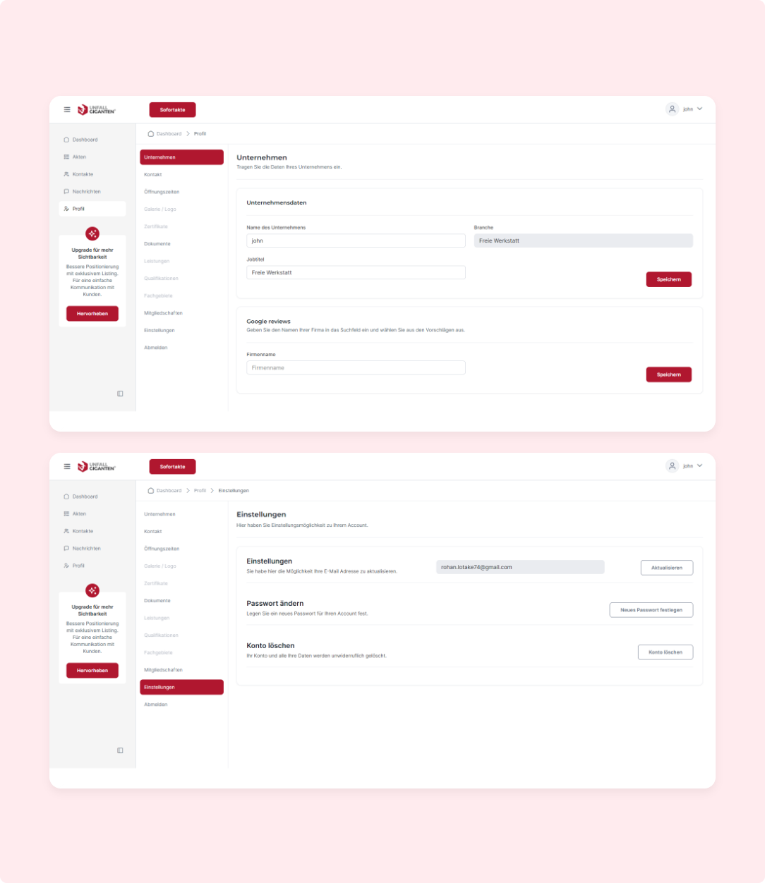 Two screenshots of a web dashboard in German show the settings pages.