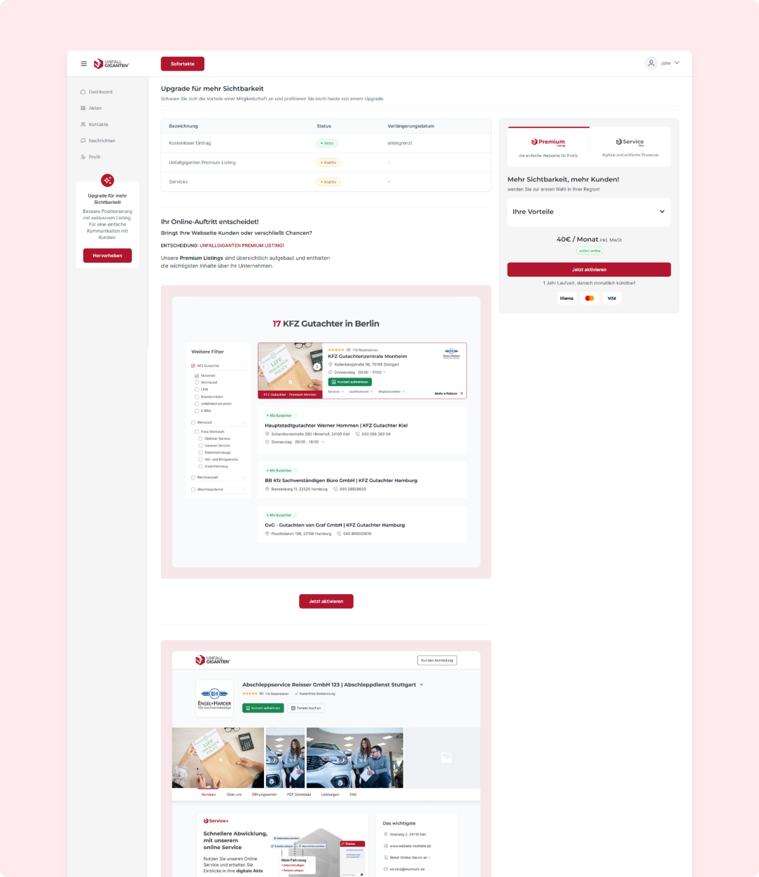 A website offers options for upgrading an account, recommendations for car vouchers in Berlin, and user reviews.